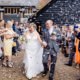 Confetti throw at Tewinbury wedding venue in Hertfordshire