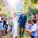 Confetti throw at Autumn wedding at South Farm, Hertfordshire