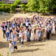 wedding guests pose at Autumn wedding at South Farm in Royston Hertfordshire
