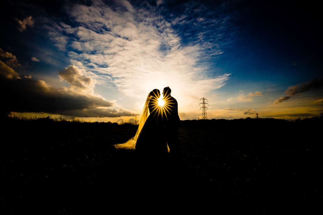 Bride and Groom at sunset at Milling Barn wedding venue in Hertfordshire